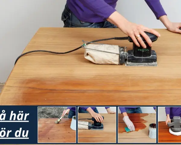 Person slipar teakbord med en Festool-slipmaskin. Bilden visar steg för att slipa och olja ett träbord.