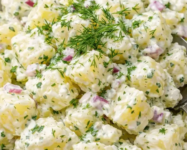 En krämig och härlig egen potatissallad med dill och rödlök, perfekt till grillkvällen.
