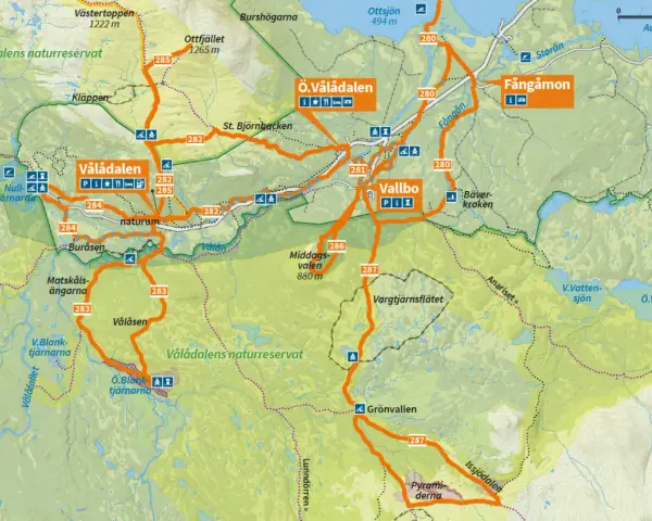 Karta över Vålådalen med markerade leder för vålådalen vandring. Visar sevärdheter som Ottfjället, Vallbo och Vålåstugan.