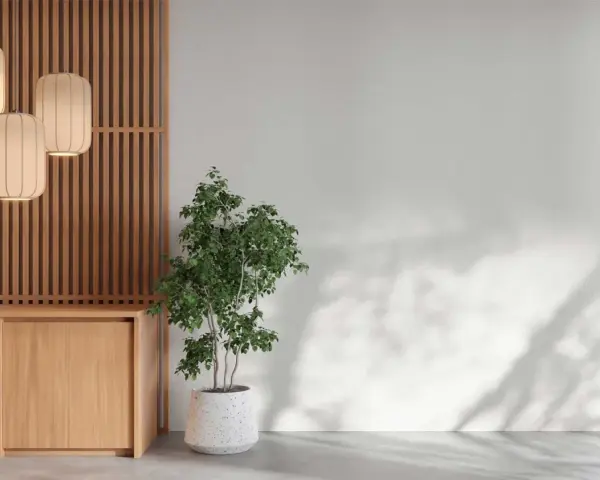 En lugn och harmonisk miljö med feng shui inredning. Trädetaljer, en grön växt och mjuka lampor skapar en balanserad atmosfär.