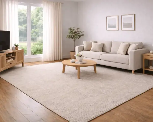 Ett ljust och luftigt beige vardagsrum med en stor soffa, soffbord och TV-bänk. En stor, mjuk matta täcker golvet.