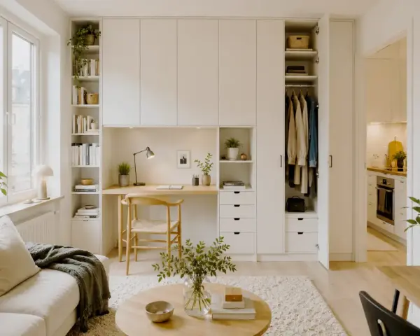Ett hem med skandinavisk design. En soffa, ett runt soffbord och en inbyggd möbel med skrivbord, förvaring och garderob.