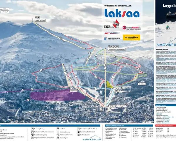 Løypekart för narvik skidåkning med olika pister, liftar och symboler.
