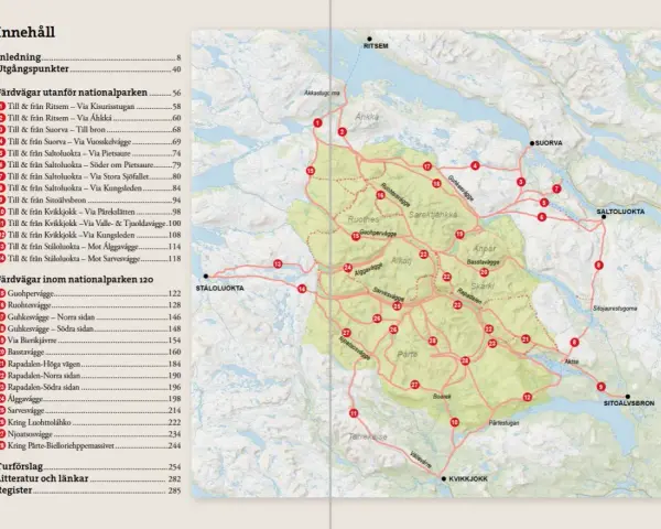 Karta över Sarek nationalpark med vandringsleder och platser. En resa genom Sarek nationalpark.