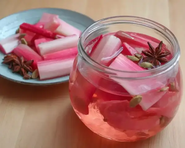 Rabarbersaft recept: färska rabarberbitar i en glasburk med kryddor som stjärnanis och kardemumma. En tallrik med rabarber och kryddor står bredvid.