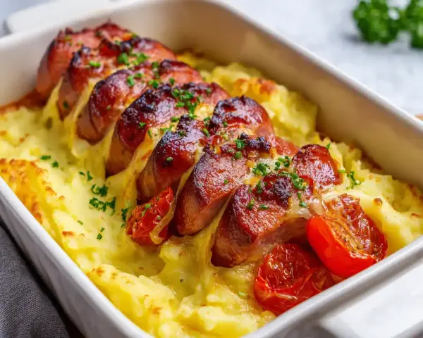 En härlig ugnsbakad falukorv med krämigt potatismos och rostade tomater, toppad med färsk persilja. En klassisk svensk rätt som värmer själen.