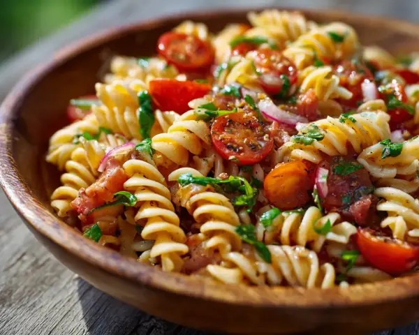 En härlig pastasallad med körsbärstomater, rödlök och örter. Ett perfekt pastasallad recept för sommaren.