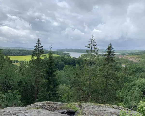 Vacker utsikt över sjö och skog, perfekt för vandringsleder Alingsås. Molnig himmel över det gröna landskapet.