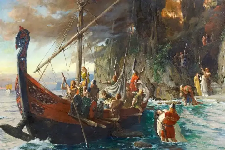 Vikingar landstiger vid en klippig kust, redo för strid. Spännande vikingar fakta i en dramatisk målning.