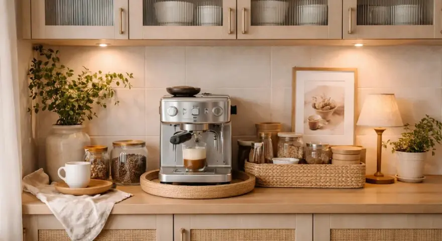 En mysig kaffestation hemma med espressomaskin, kaffebönor i burkar, en vit kopp och en grön växt.