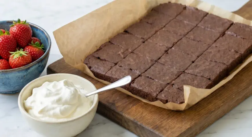 En kladdkaka i långpanna, uppskuren i rutor, serveras med vispad grädde och färska jordgubbar.