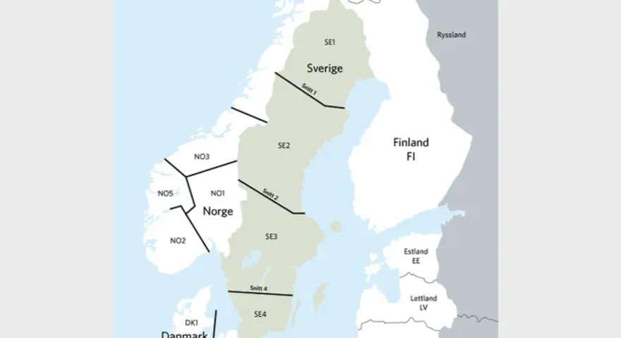 Karta över Norden med Sverige uppdelat i fyra regioner (SE1-SE4). Norge, Danmark, Finland och Baltikum syns också.