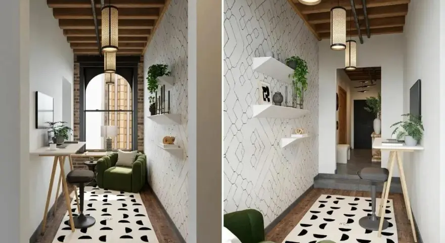 Industriell inredning inspiration: En grön soffa, ett skrivbord med pall och en mönstrad matta skapar en mysig vrå.