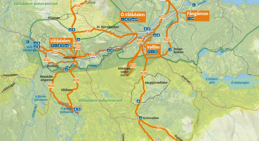 Karta över Vålådalen med markerade leder för vålådalen vandring. Visar sevärdheter som Ottfjället, Vallbo och Vålåstugan.
