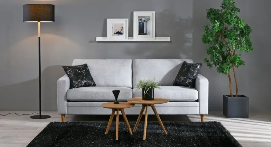 En modern soffgrupp med soffa, soffbord och golvlampa. De organiska formerna i soffbordet och krukan ger en mjuk känsla.