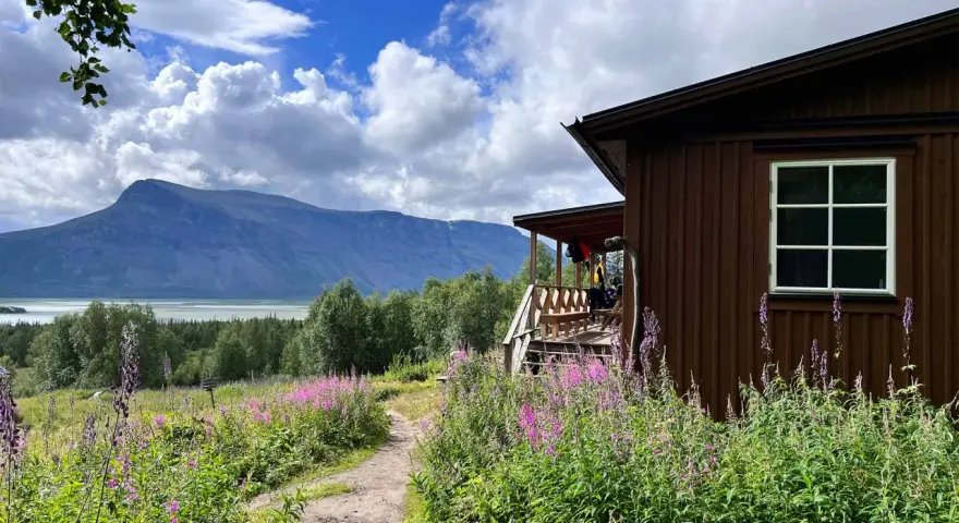 En brun stuga vid en blomsteräng med fjäll i bakgrunden. En stig leder mot stugan, en del av Kungsleden i Sarek.