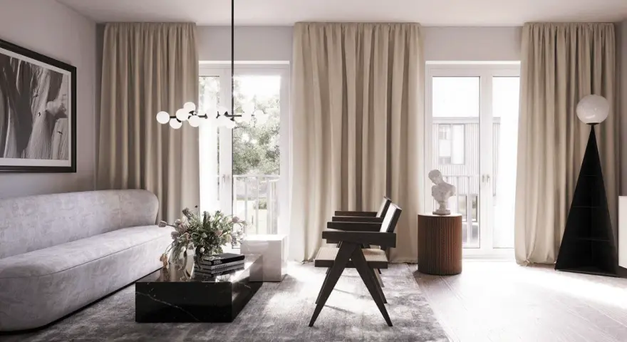 Ett elegant vardagsrum med skandinavisk inredning. En ljus soffa, marmorbord och en unik golvlampa skapar en stilfull atmosfär.