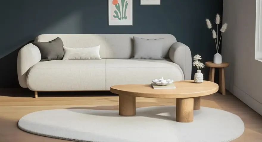 En ljus soffa med kuddar, ett runt träbord och en rund matta. En vas med torkade blommor på en pall. Olika inredningsstilar kan inspirera detta lugna rum.