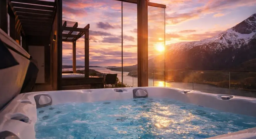 Bubblande badtunna med utsikt över en fjord och snöklädda berg i Innerdalen, Norge. Solnedgången färgar himlen i varma toner.