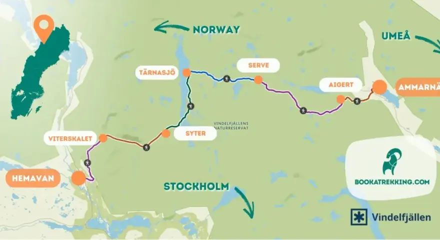 Karta över Kungsleden med vandringsleder, orter som Hemavan, Vindelfjällen och Ammarnäs, samt gränsen till Norge.