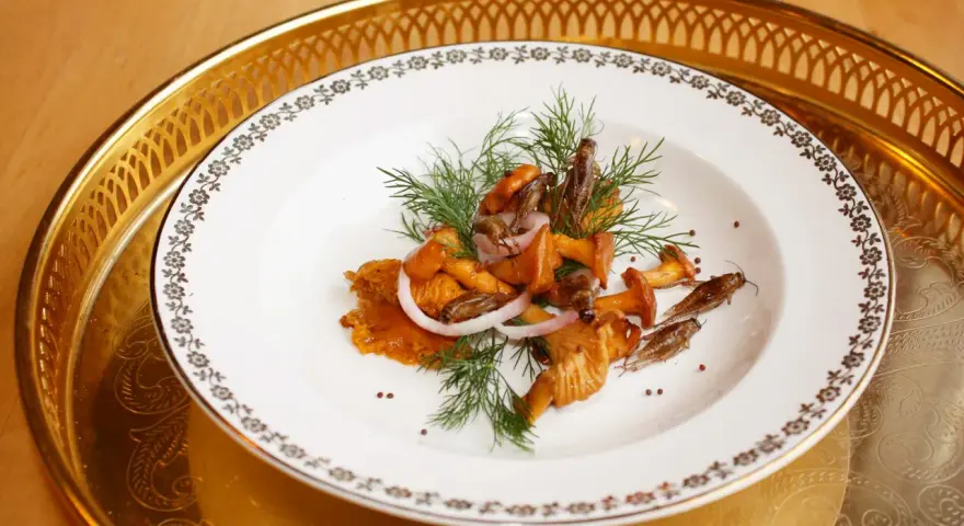 En tallrik med kantareller, lökringar och dill. Ett spännande kantareller recept med en oväntad twist.