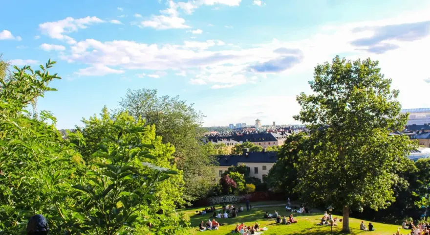 En solig dag med en härlig piknik i parken. Människor njuter av gräset och utsikten över staden.