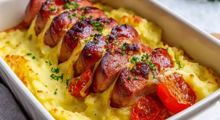En härlig ugnsbakad falukorv med krämigt potatismos och rostade tomater, toppad med färsk persilja. En klassisk svensk rätt som värmer själen.