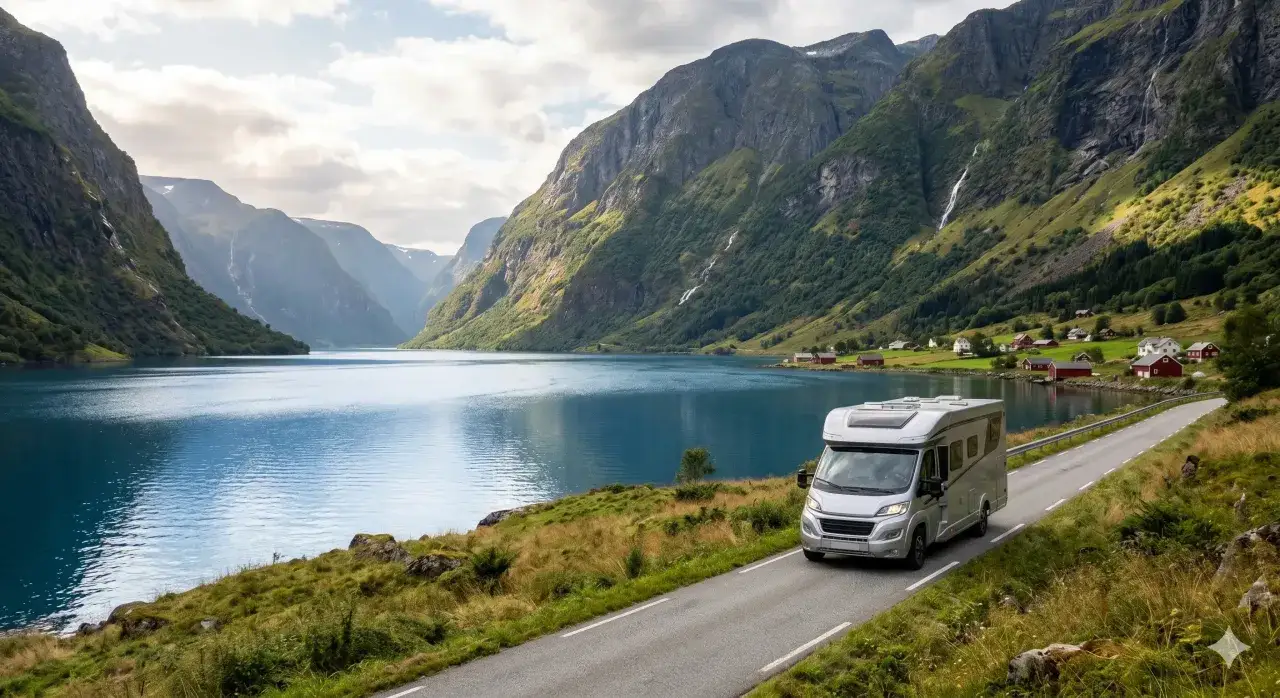 En husbil i Norge k&ouml;r l&auml;ngs en v&auml;g vid en fjord, omgiven av h&ouml;ga berg med vattenfall och sm&aring; r&ouml;da hus.