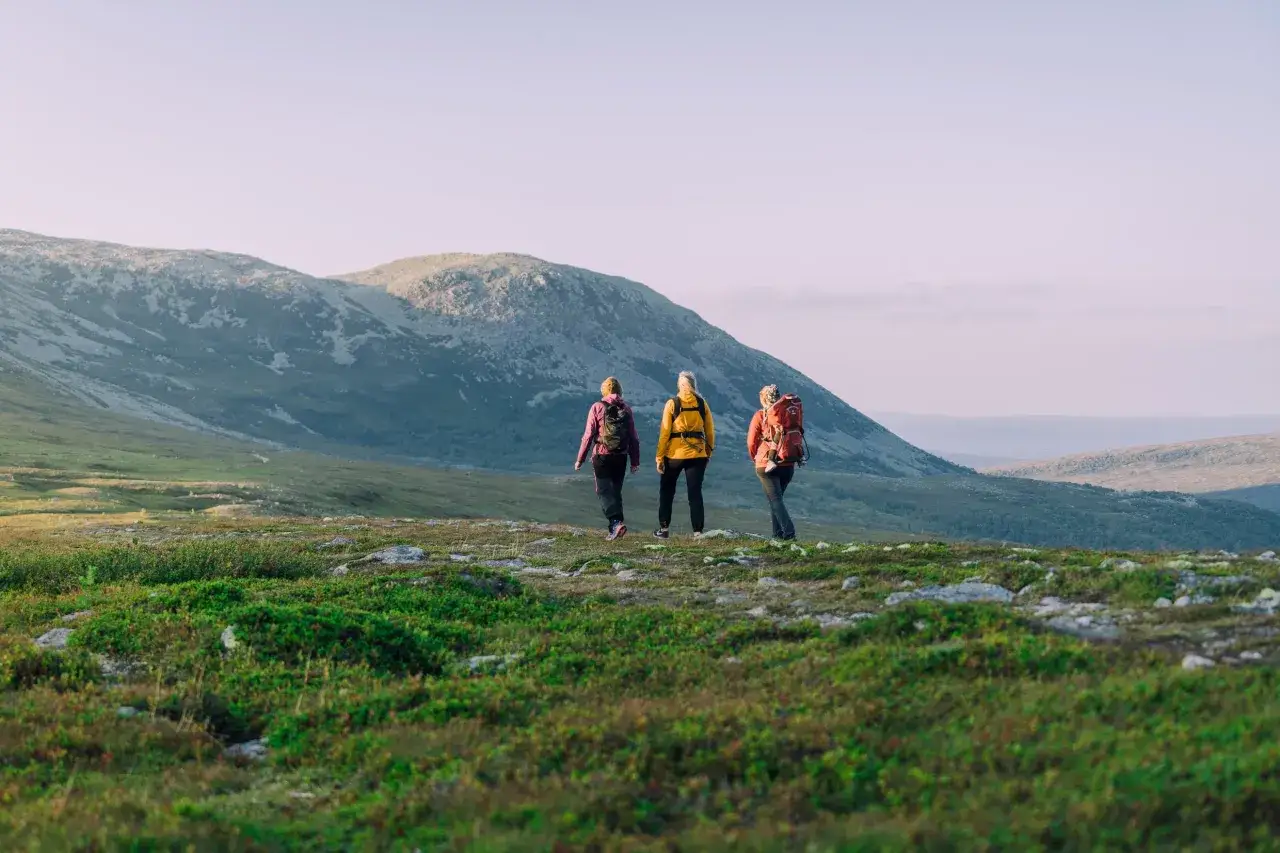 Tre personer p&aring; vandring i Idre fj&auml;llandskap. Solen lyser p&aring; de b&ouml;ljande kullarna och fj&auml;llen i bakgrunden.