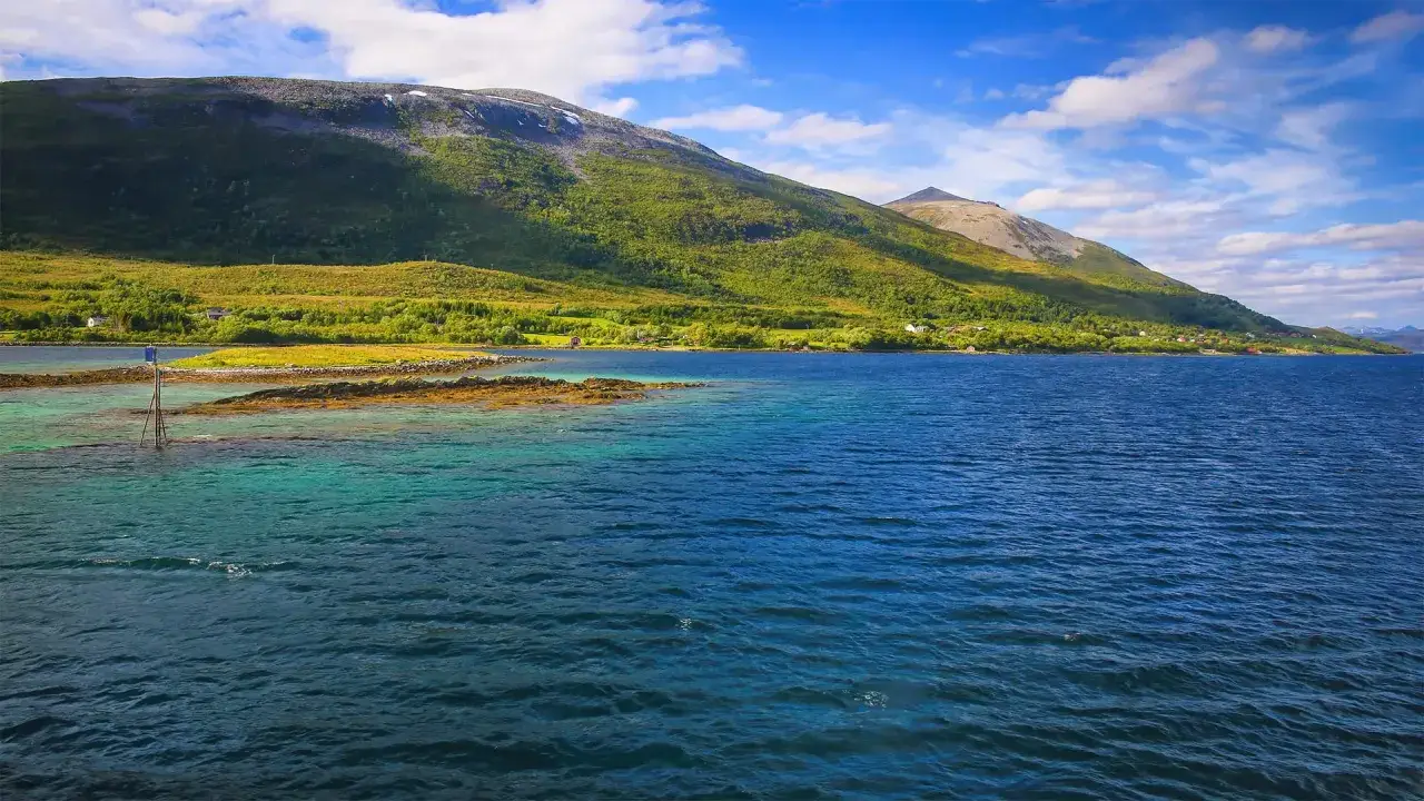 Blågrönt vatten möter gröna bergssluttningar vid en kuststräcka i stord Norge. En liten ö med en boj syns i förgrunden.