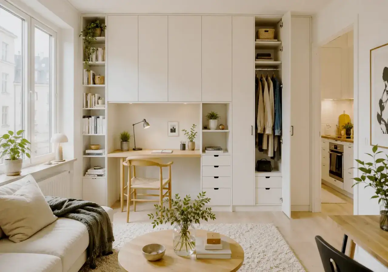 Ett hem i skandinavisk design med en bekv&auml;m soffa, ett skrivbord och en garderob.