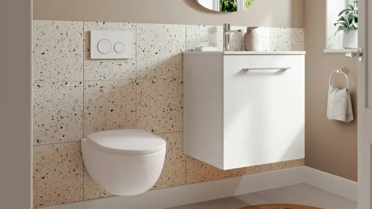 Modernt, vitt vägghängt badkar med spolknappar på en vägg med färgglada terrazzo-kakel. Ett stilrent badrum som visar hur man maximerar utrymmet i små badrum.