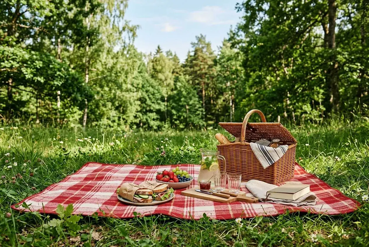 En härlig piknik i parken med smörgåsar, bär och dryck på en rödvitrutig filt. Korgen är fylld med godsaker.