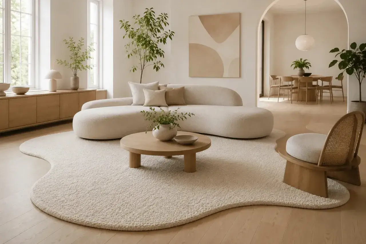 En ljus och luftig lounge med en böljande soffa och ett oregelbundet format, tjockt vitt organiska former-inspirerat mattan.
