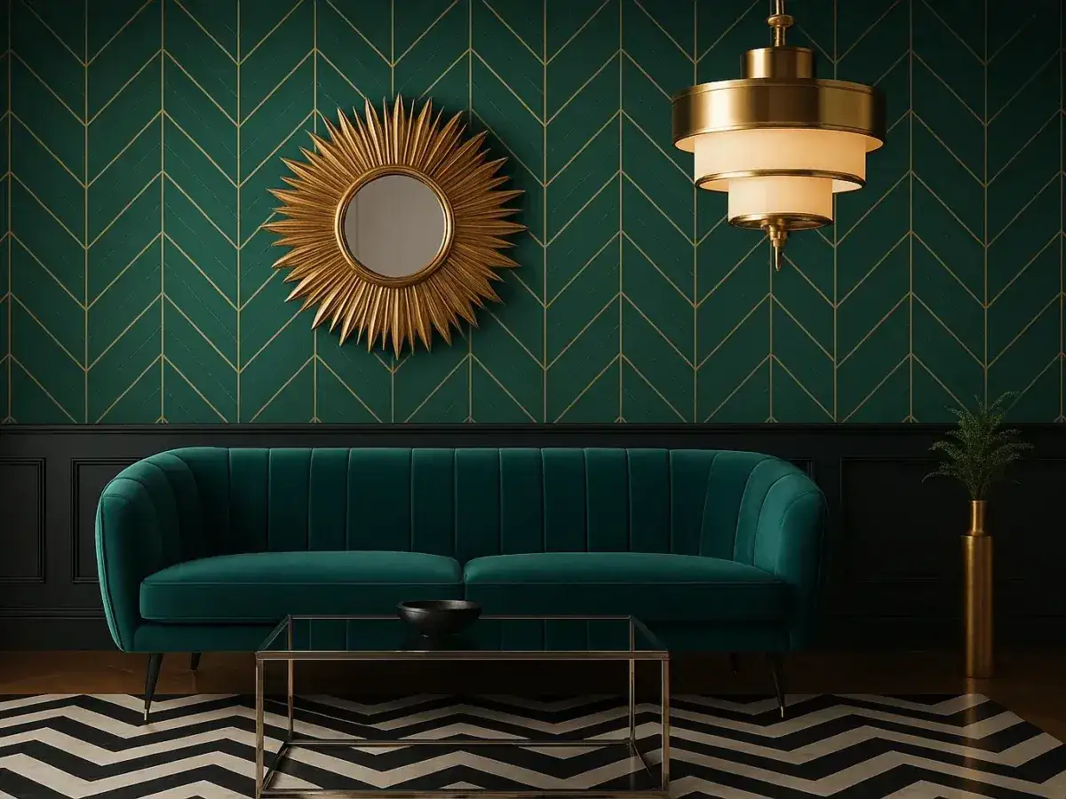 Elegant art deco inredning med smaragdgrön sammetssoffa, solspegel och mönstrad matta.