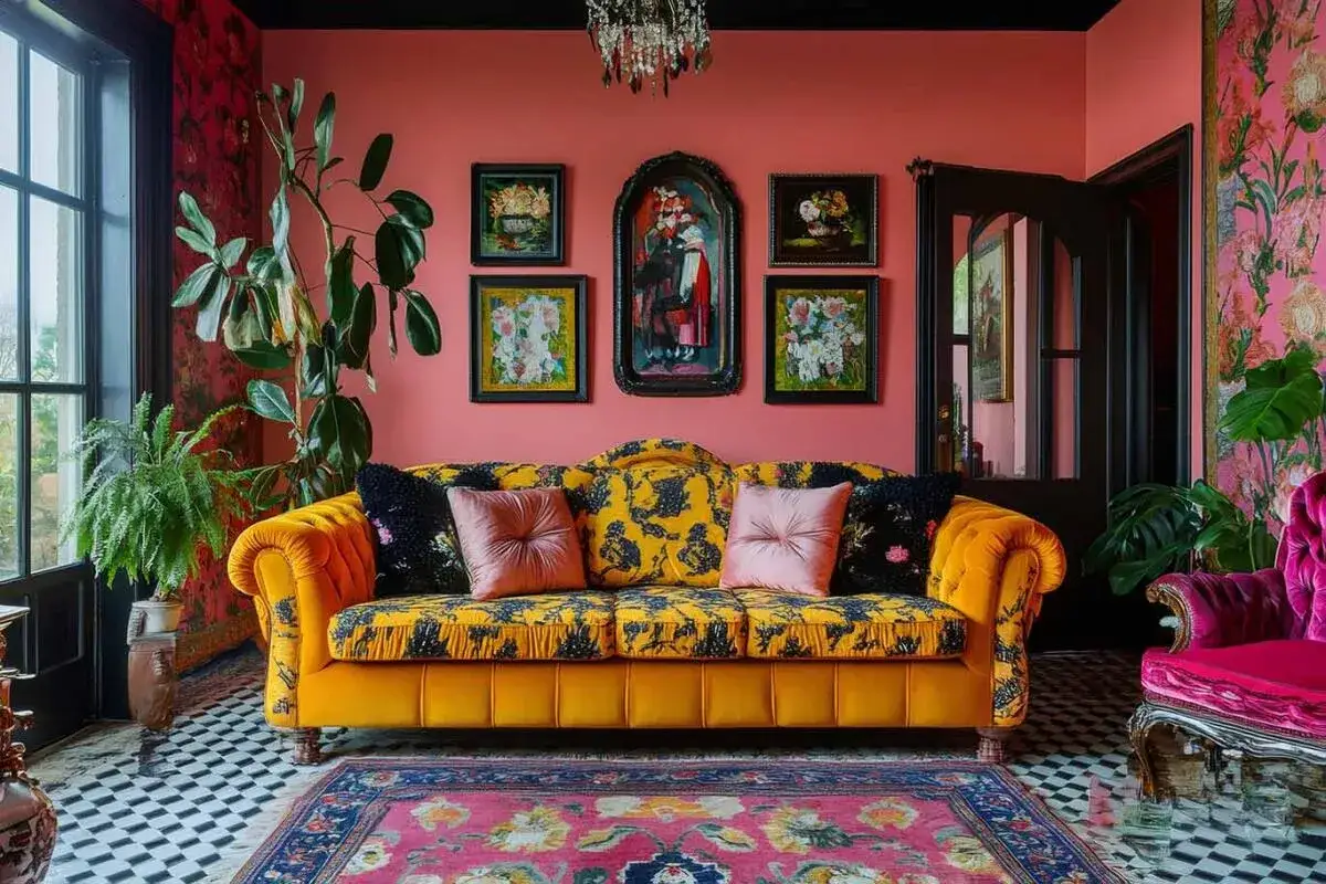 En soffa i ockra med mönster, omgiven av färgstark tapet och konst. En hyllning till maximalism inredning med djärva färger och mönster.