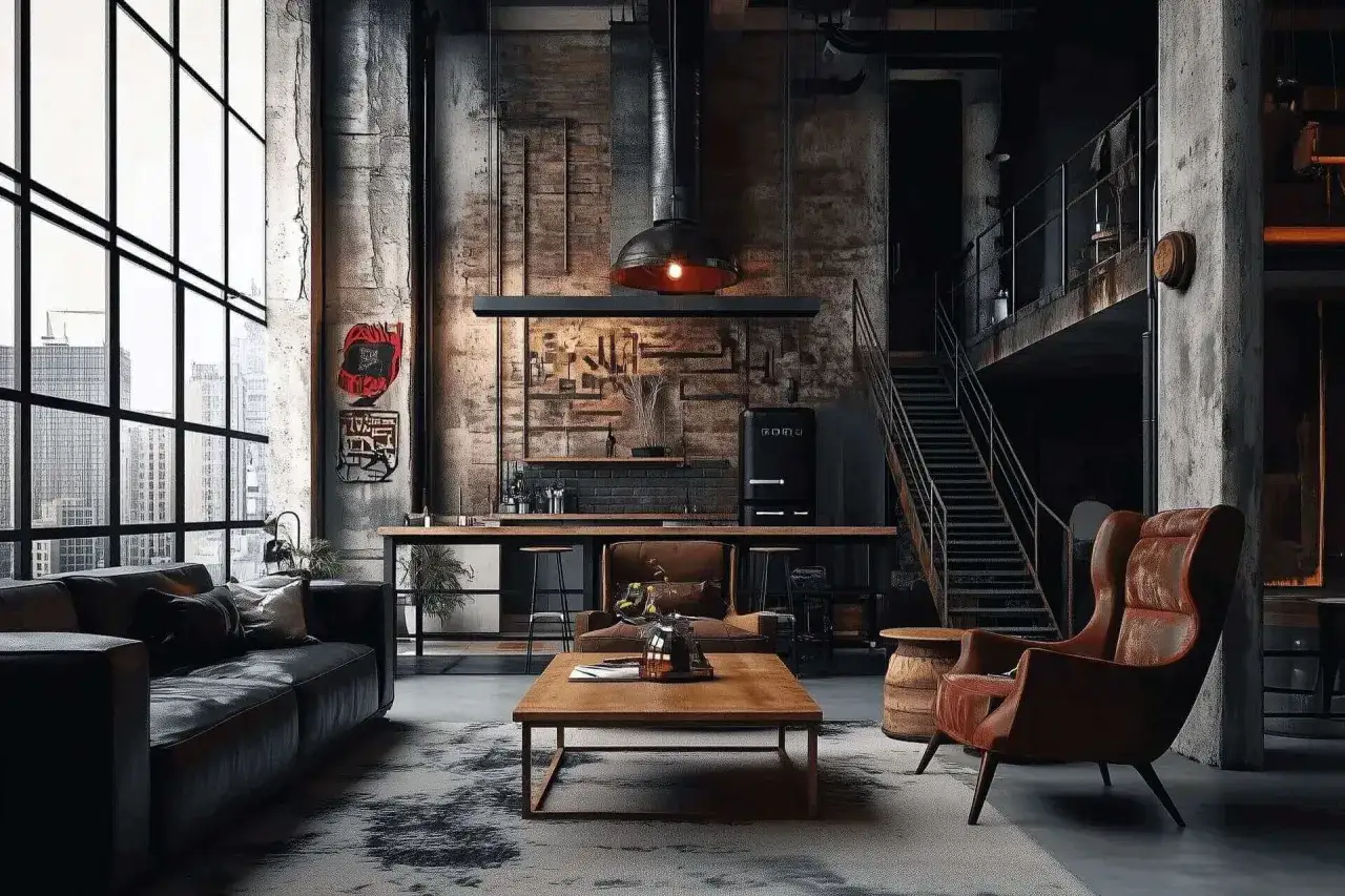 R&aring; betong, tegel och metall m&ouml;ter varma l&auml;derf&aring;t&ouml;ljer och tr&auml; i detta loft. Perfekt industriell inredning inspiration f&ouml;r ett modernt hem.