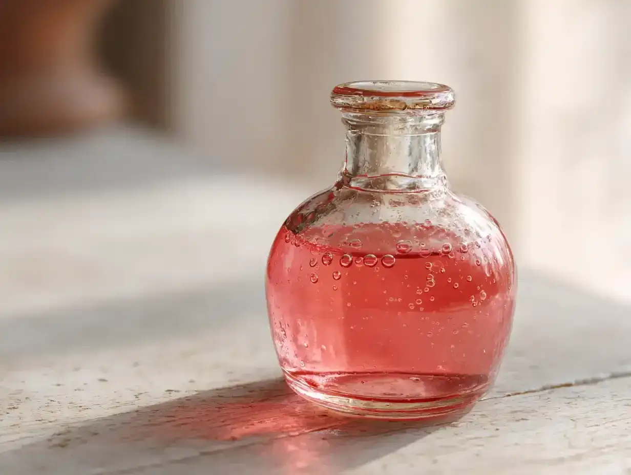 En liten glasflaska med rosa rabarbersaft, perfekt för ett uppfriskande rabarbersaft recept.