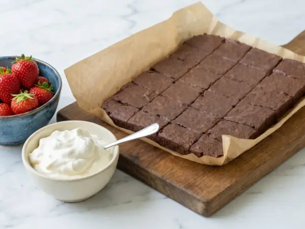 En kladdkaka i långpanna, uppskuren i rutor, serveras med vispad grädde och färska jordgubbar.