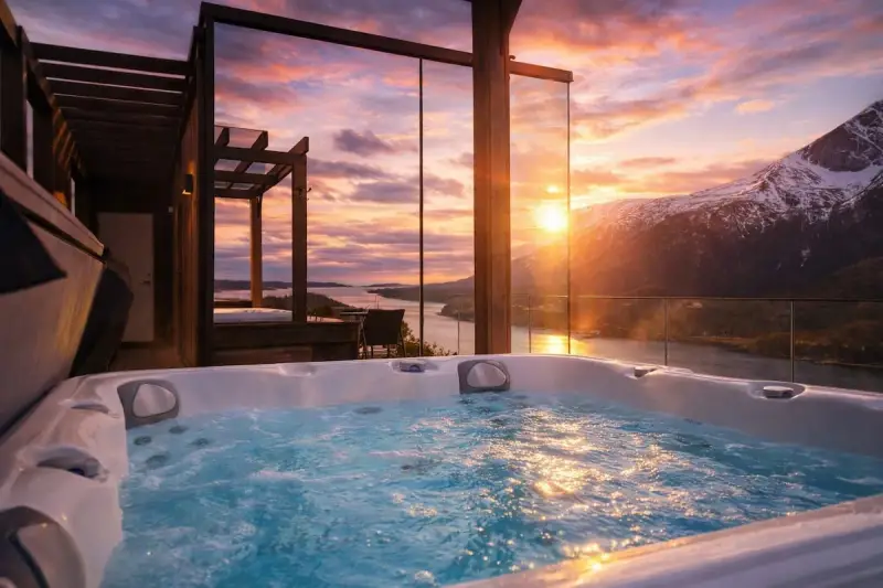 Bubblande badtunna med utsikt över en fjord och snöklädda berg i Innerdalen, Norge. Solnedgången färgar himlen i varma toner.