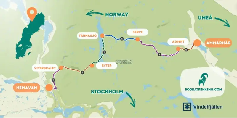 Karta över Kungsleden med vandringsleder, orter som Hemavan, Vindelfjällen och Ammarnäs, samt gränsen till Norge.